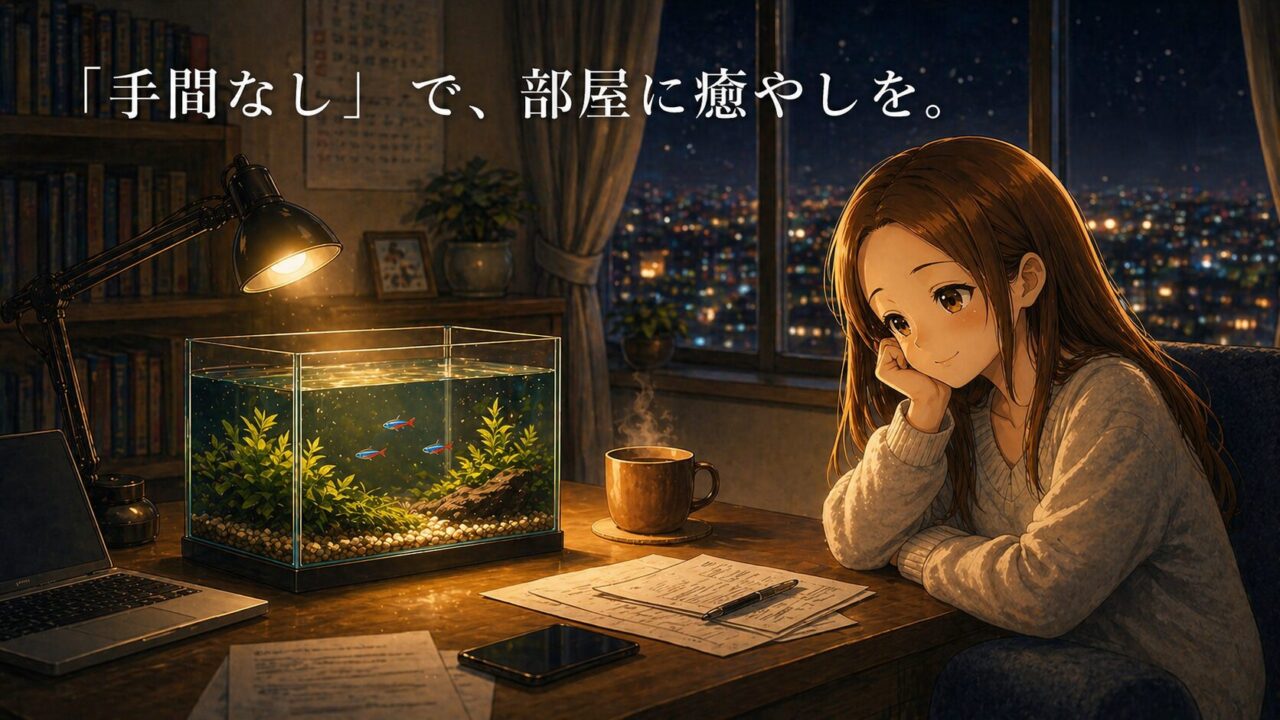 水槽をながめて癒やされている女性