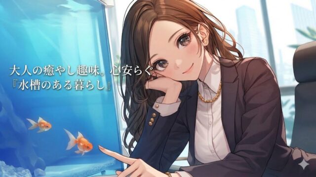 金魚水槽の前でほほえむ女性