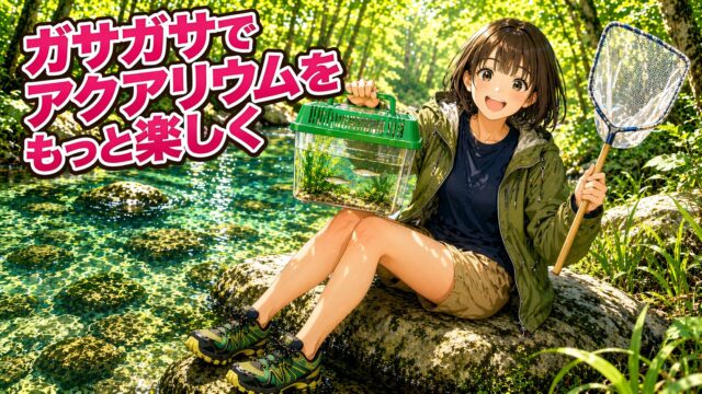 小川で魚とりを楽しむ女性