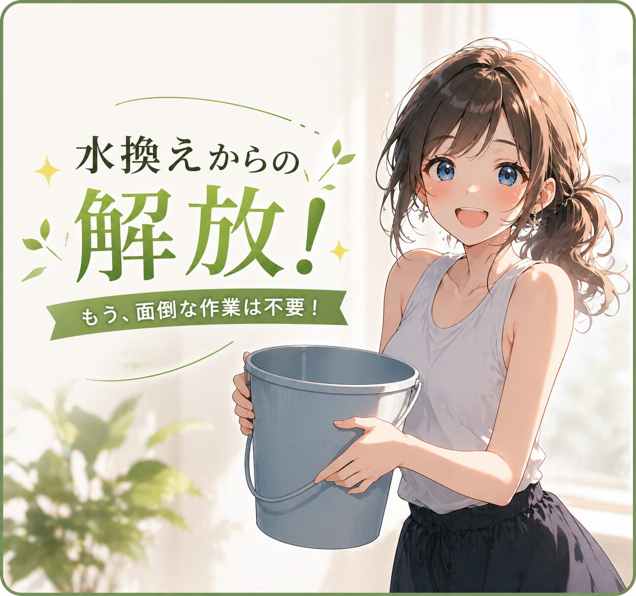 水換えからの解放！もう、面倒な作業は不要。植物の根とバクテリアが水をきれいに保ちます。