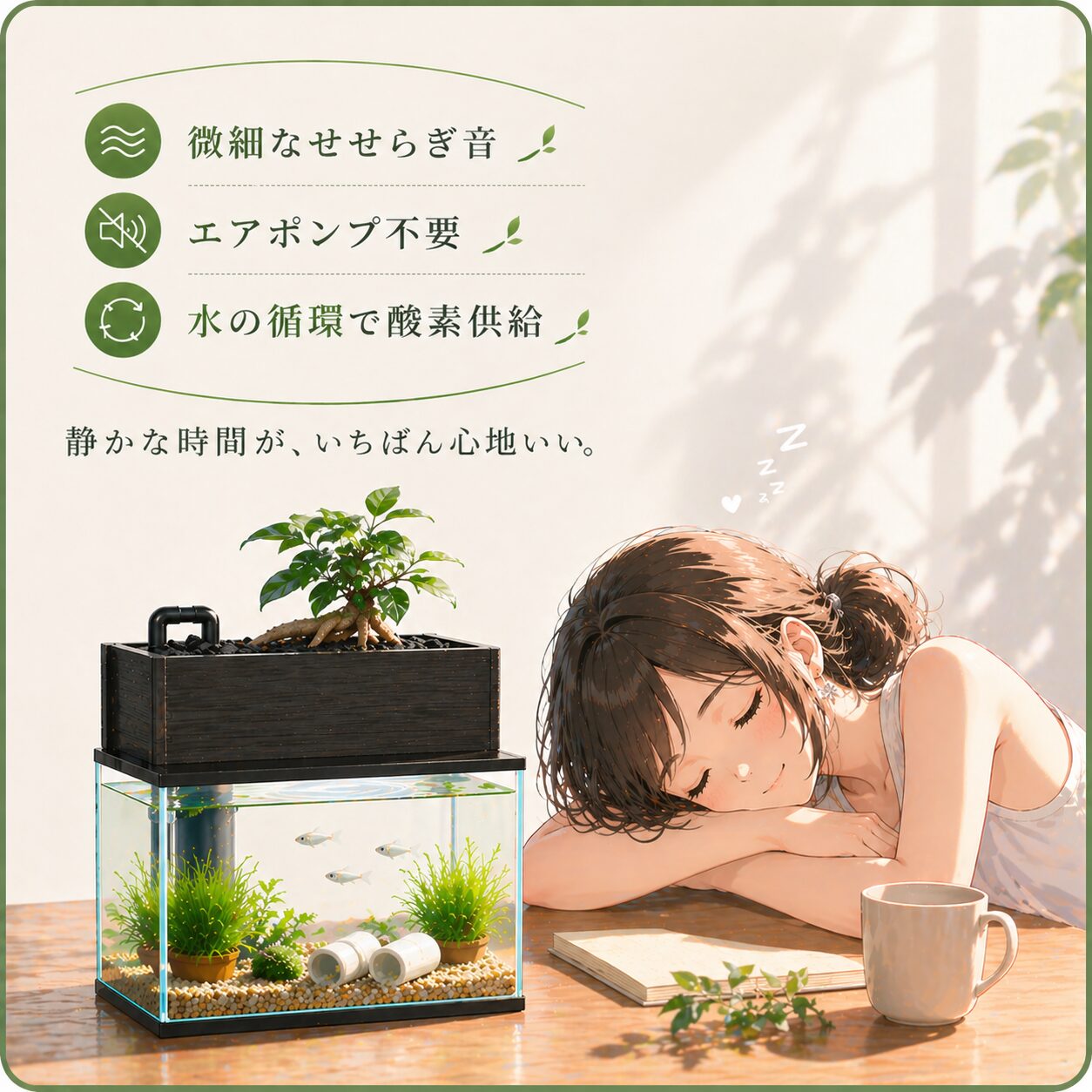 エアポンプ不要。微細なせせらぎ音、水の循環で酸素供給。静かな時間が、いちばん心地いい。