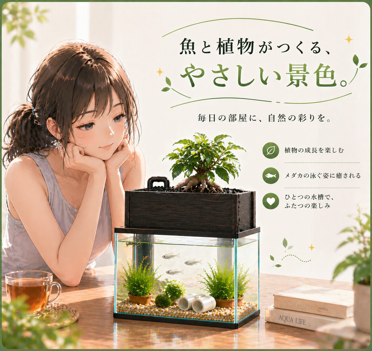 魚と植物がつくる、やさしい景色。植物の成長を楽しみ、メダカの泳ぐ姿に癒される。ひとつの水槽で、ふたつの楽しみ。