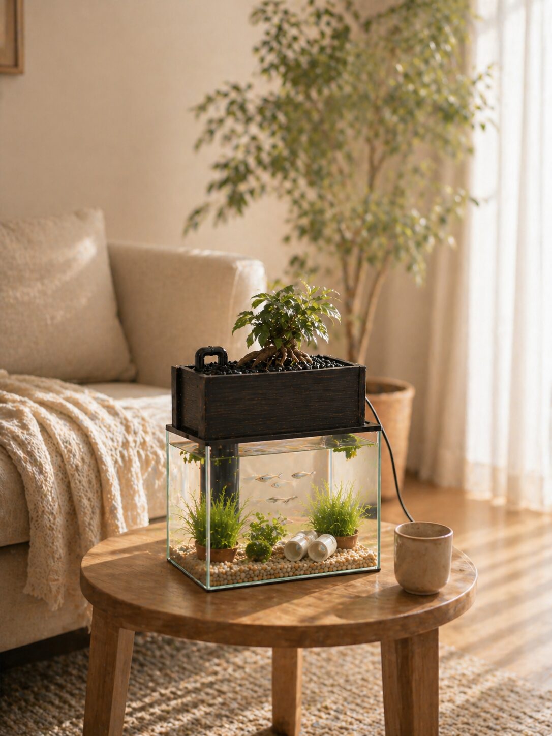 リビングのサイドテーブルに置かれたせせらぎビオトープ。ソファのそばで自然光を浴びる風景