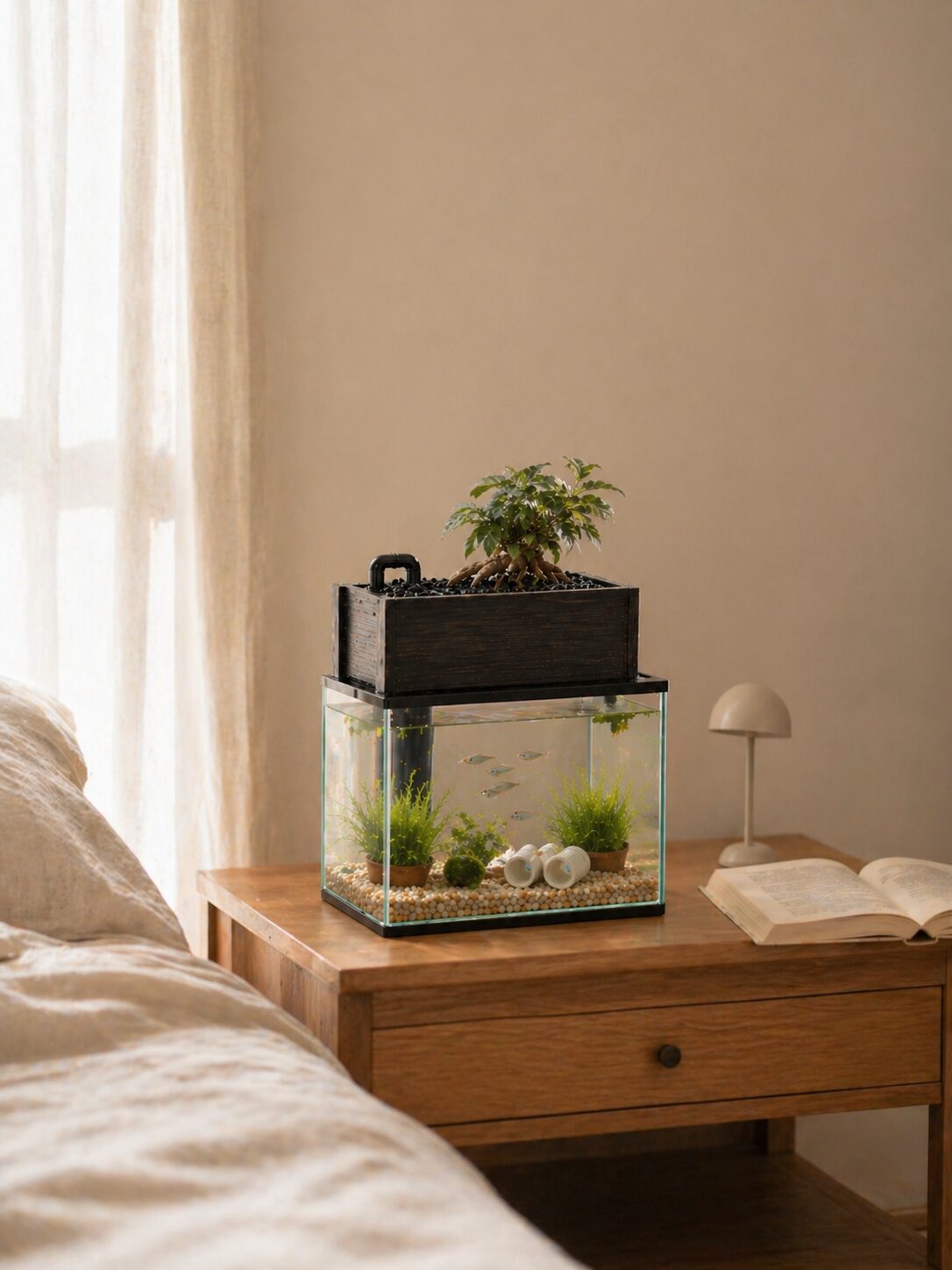 寝室のベッドサイドテーブルに置かれたせせらぎビオトープ。朝の柔らかな光が差し込む静かな風景