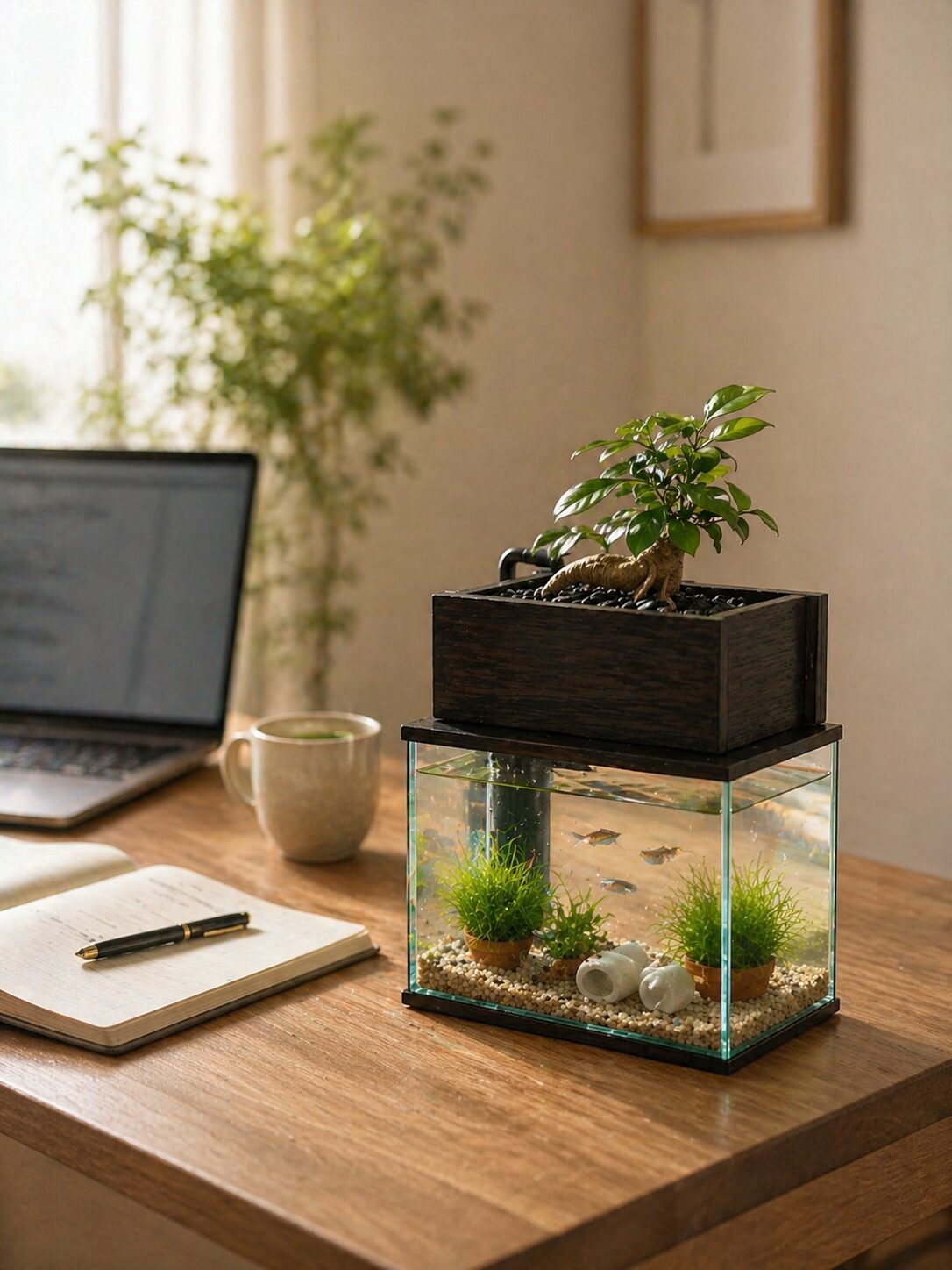 在宅ワークデスクの上に置かれたせせらぎビオトープ。ノートPCの脇で日常の癒しになる風景