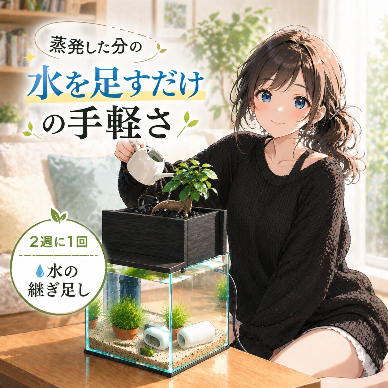 2週に1回、水の継ぎ足し。蒸発した分の水を足すだけの手軽さ。1〜2分で終わります。