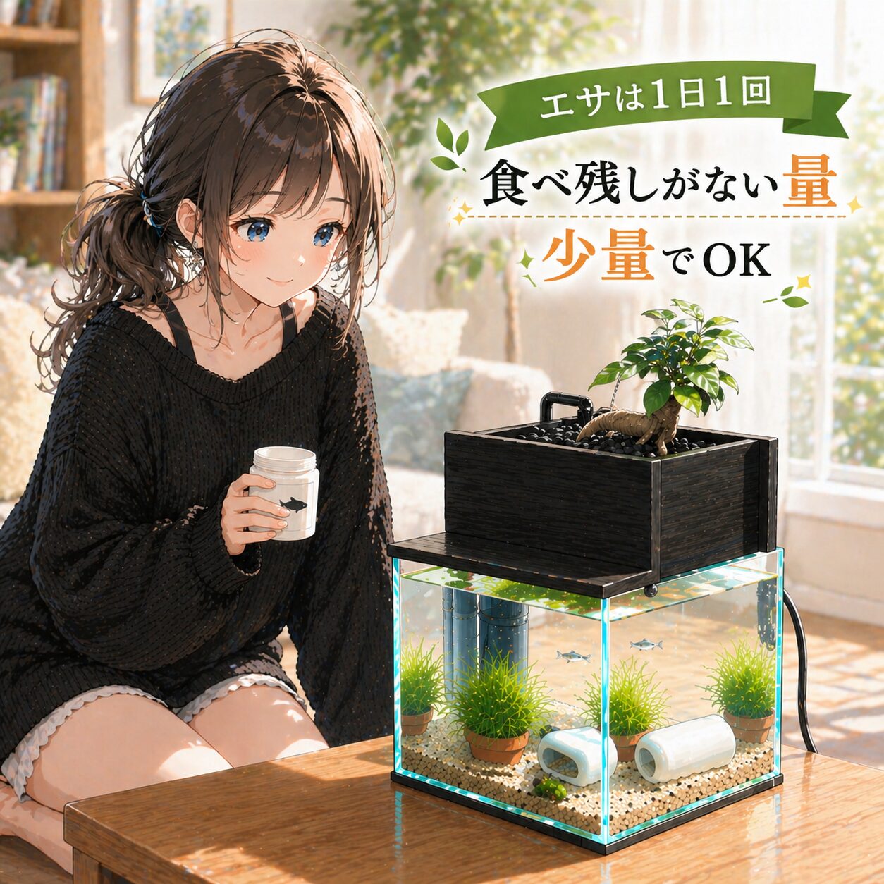 月に1回、メダカの餌やり頻度確認。エサは1日1回、食べ残しがない量で少量でOK。