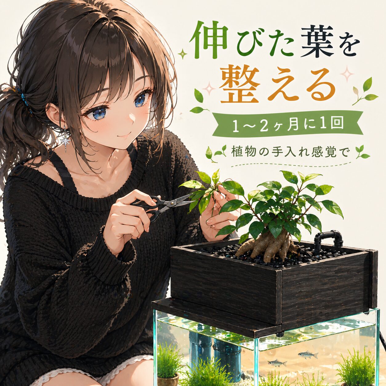 1〜2ヶ月に1回、水草と植物のトリミング。伸びた葉を整える、植物の手入れ感覚で。